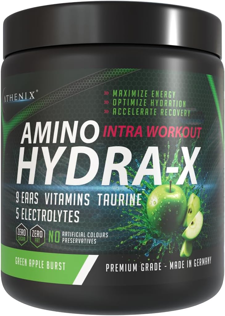 Athenix® Amino Hydra-X Intra-Workout | Green Apple | 9 EAAs + 5 Electrolytes + Vitamins & Taurine | Vegan BCAA + Hydration Powder | 26 Servings | Zero Sugar & Fat | 365g (365g, Green Apple Burst)