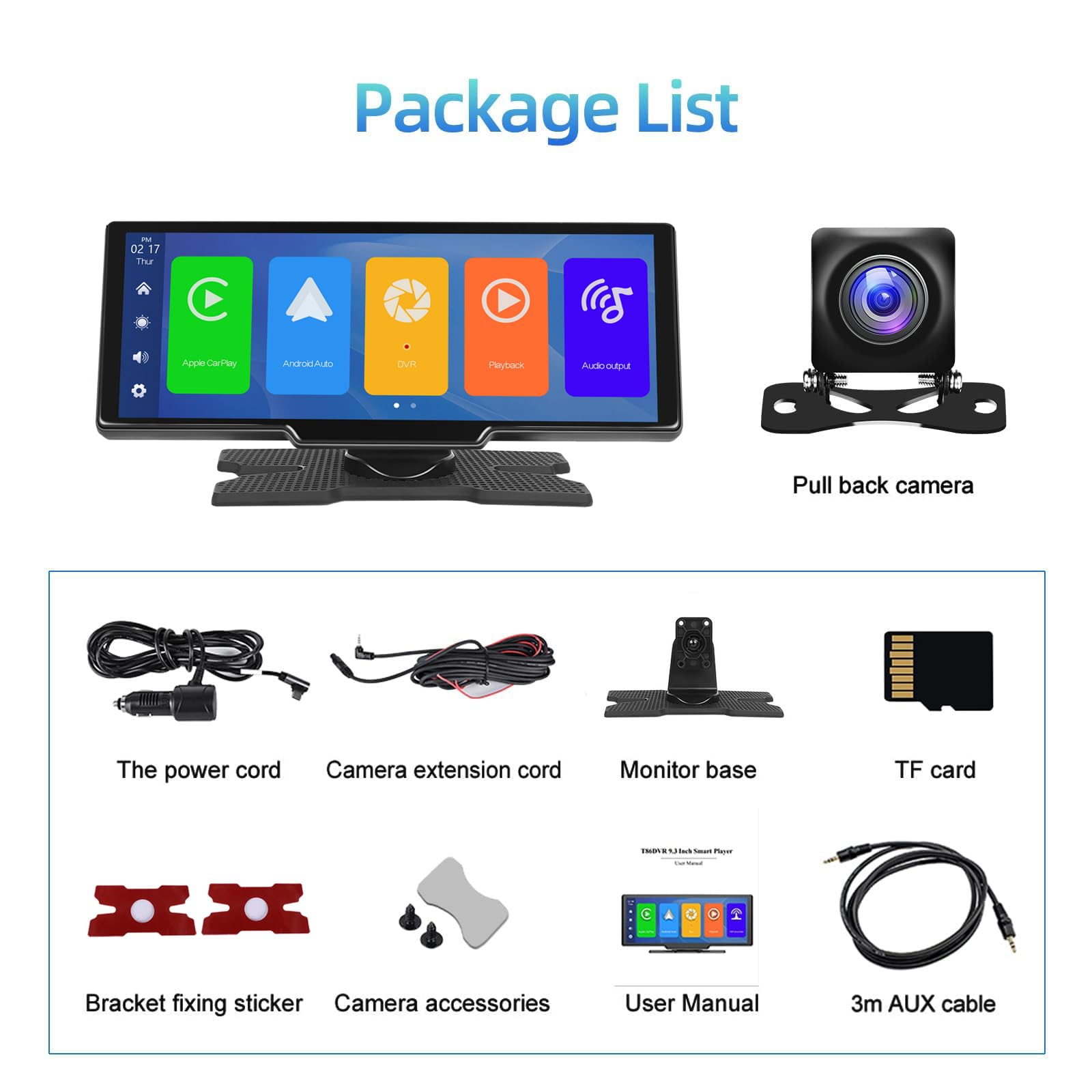 Podofo 9,3 Pouces Autoradio Portable 2,5 K Double Caméra de Tableau de Bord avec écran Automatique sans Fil A-pple Carplay Android,7-32V avec Vocal Assistant/Bluetooth/FM Transmetteur/Aux/64G TF Carte