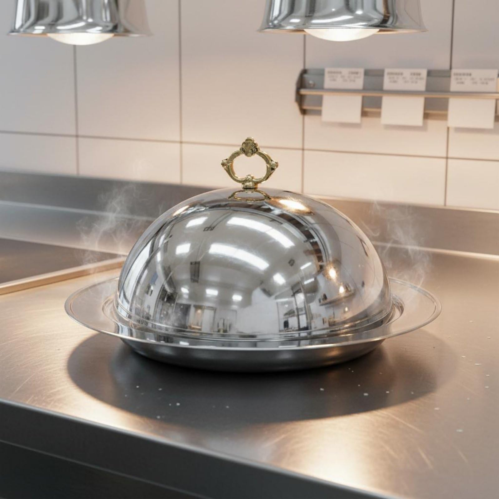 rockible Vassoio Acciaio Inox con Coperchio Domed Cupola Manico Oro Piatto da Portata Resistente Funzionale Adatto per Servizio Tavola Hotel Catering Ristorante Buffet, Oro