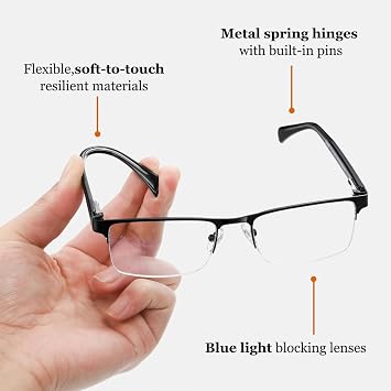 EYECEDAR 4-Pack Reading Glasses Men Blue Light Blocking Metal Half Frame Rectangle Style Spring Hinges Readers 2.5
