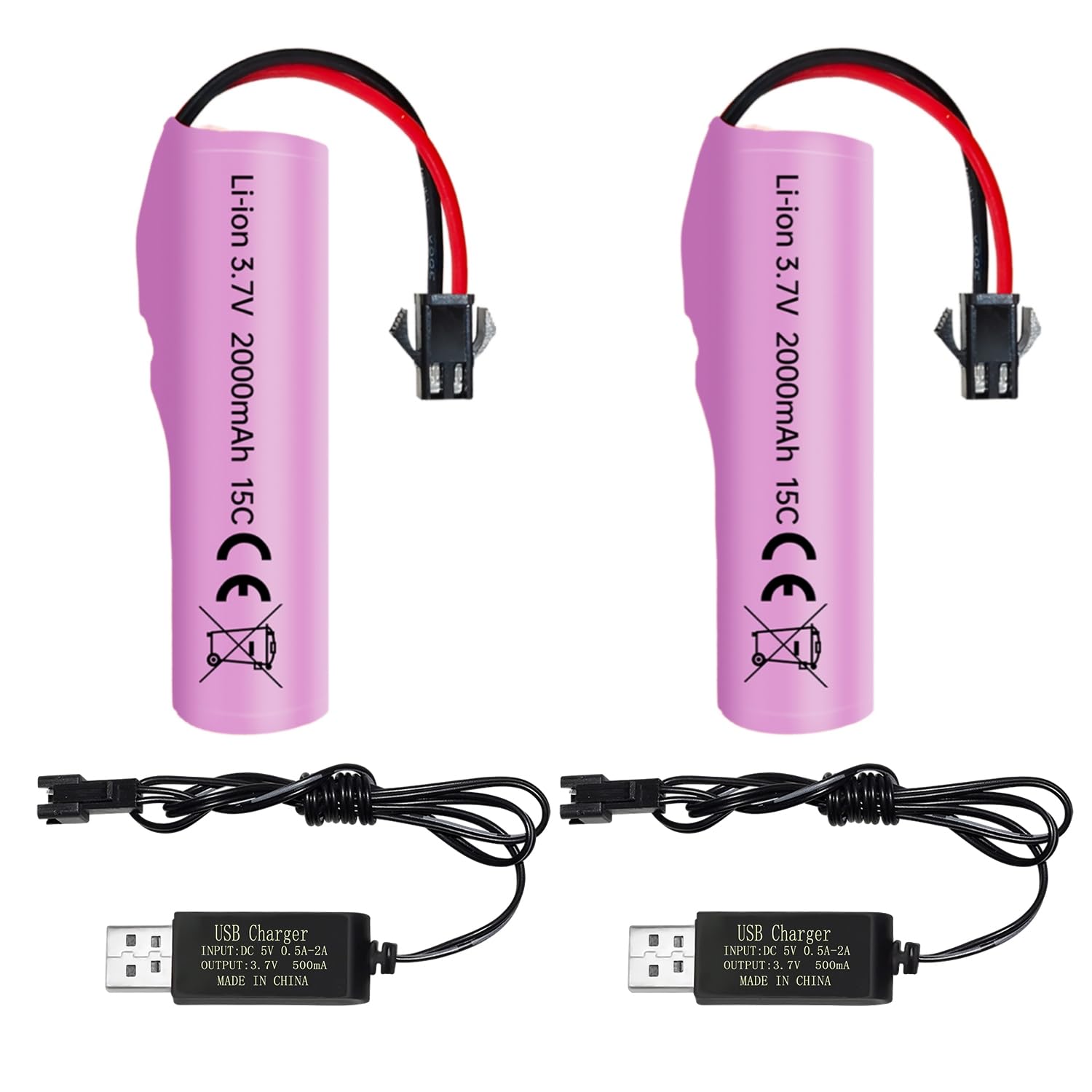 2PCS 3.7V 2000mAh SM-2P Plug Li-ion Battery with USB Charging Cable for DE68 DE44 DE45W DE45 DE58 DE49 DE57 DE70 Off-road Vehicle Truck Tank RC Remote Control Car Toy Battery