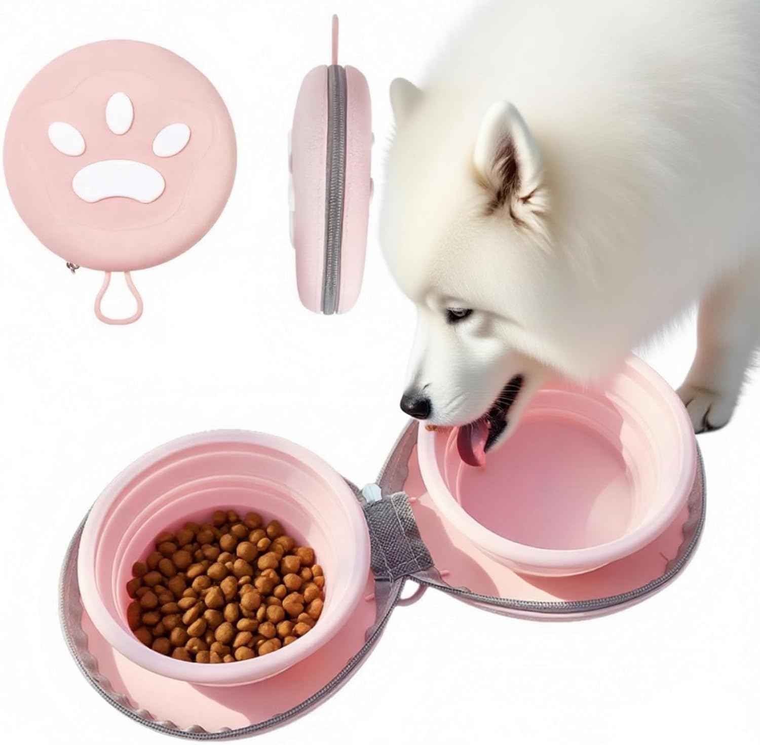 Bear Paw Collapsible Pet Bowl Set for Food & Water – 6.1in, Pink/Orange/Beige Bear Paw Collapsible Pet Bowl Set for Food & Water – 6.1in, Pink/Orange/Beige