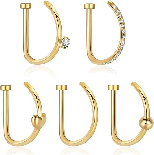 KANOUE 5 anillos de nariz de acero quirúrgico 18G, 5 piezas de aros falsos para la nariz, cartílago, aro de nariz, aros en forma de D,