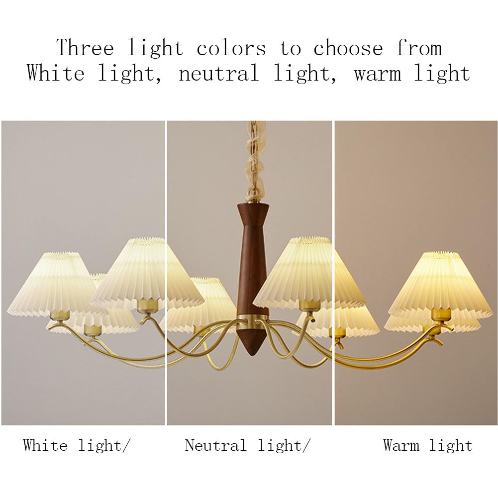 Żyrandol w stylu retro o pełnym spektrum, rustykalna lampa wisząca z drewna orzechowego i miedzi, oświetlenie z plisowanym kloszem, styl wiejski do salonu, gabinetu i jadalni, 6 głowic