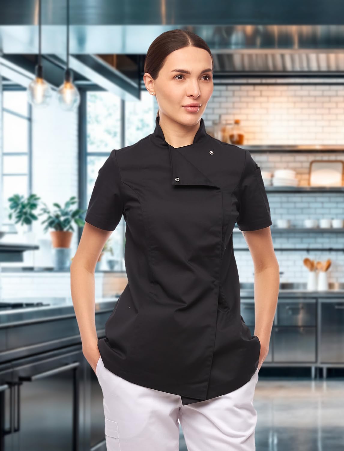 strongAnt Giacca da Cucina Donna Slim Fit Soft Cotone con Bottoni a Pressione Giacca da Pasticcere Manica Corta – Nero, 2XL