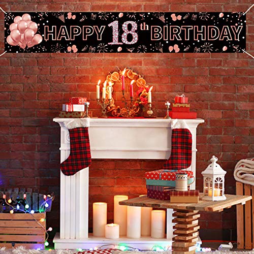 Image of 18th Birthday Decorations for Girls, Happy 18th Birthday Banner Rose Gold and Black 18 Year Old Birthday Decorations Party Supplies (9.8x1.6ft)