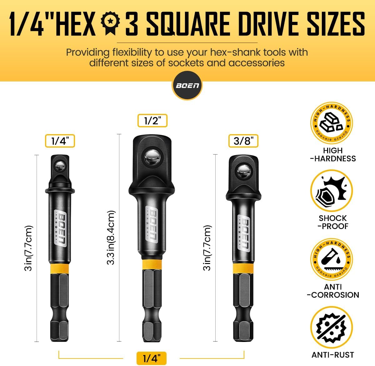 BOEN 9-Piece Impact Socket Adapter & Reducer Set, 1/4" & 3/8" & 1/2" &3/4" Drive Socket Adapter Set with Deep Embossed & Painted Markings, Include 1/4" Drive SAE Hex Shank Adapters
