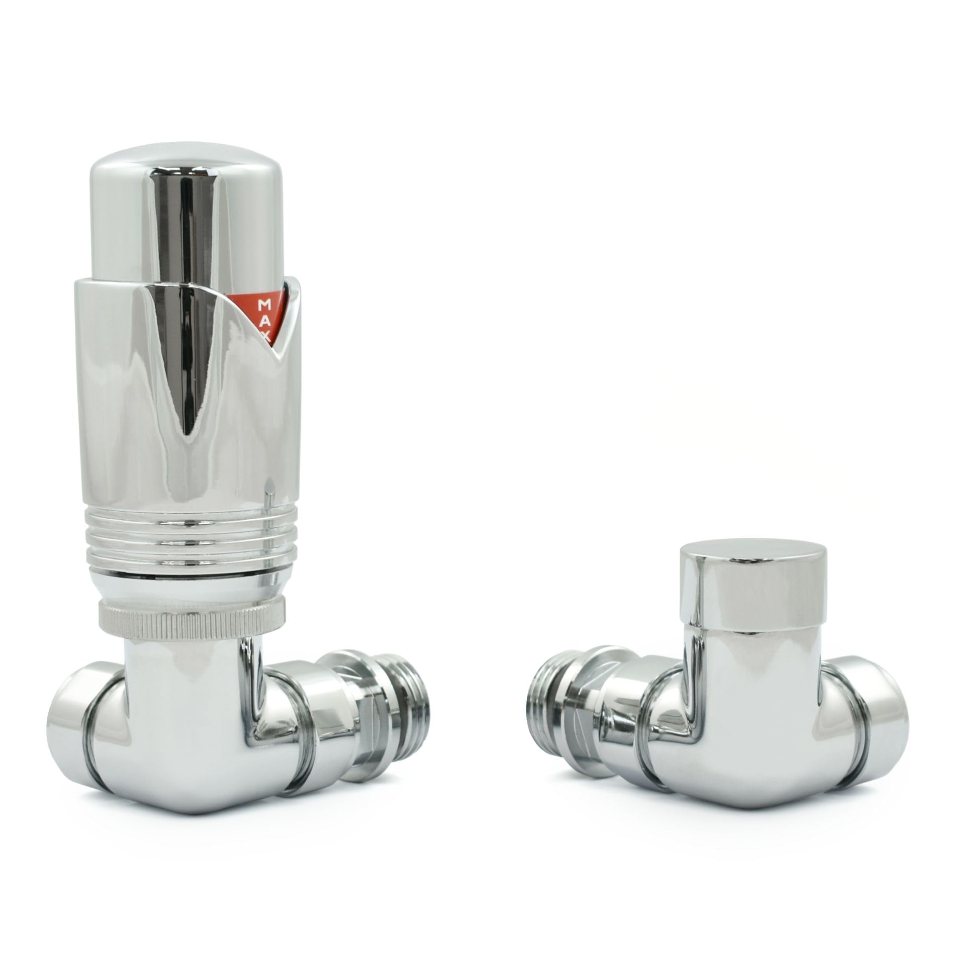 Valvola termostatica per radiatore Marella 3 Moderna ad angolo TRV. Include corpo TRV, testa ruota e scudo di blocco per un controllo rapido e semplice della temperatura.