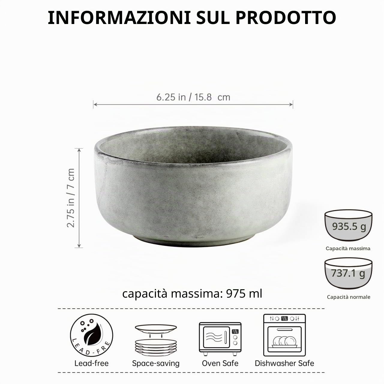 Insalatiera Ceramica, Ciotole per Cereali Stoneware di 4, Set Ciotole Ceramica per 4 Persone, Set Stoviglie Grande Ciotola per Colazione, Cereali, Zuppa, Insalata - 975 ml