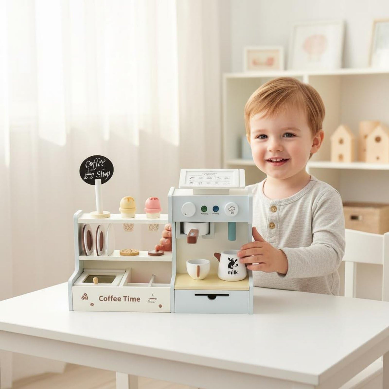 Kinder Café Spielzeug mit Zubehör fördert die Kreativität Holzspielzeug Kaffeeladen realistisches Design Kaufladen für Kinderzimmer