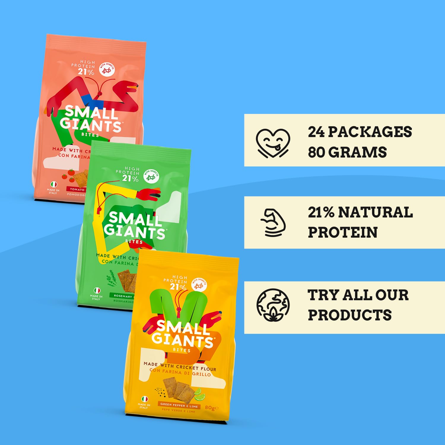 SMALL GIANTS®| Chipsy Proteinowe Jadalne Owady, Zdrowe Przekąski z Mąką ze Świerszczy, Chipsy Mix, Low Carb, Smak Pomidor&Oregano, Rozmaryn&Tymianek, Limonka&Czarny Pieprz (Mix- All Flavours)