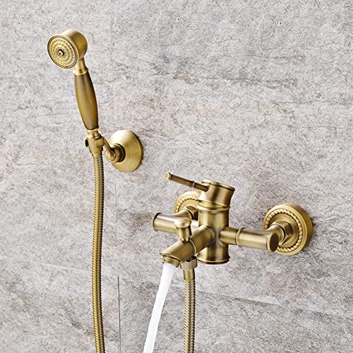 Robinet Baignoire Mitigeur Baignoire Avec Douchette À Main, Finition Laiton Antique Mural Monocommande Laiton Mitigeur Douche Avec Support Et Flexible De Douche 1.5M, Robinet Bain