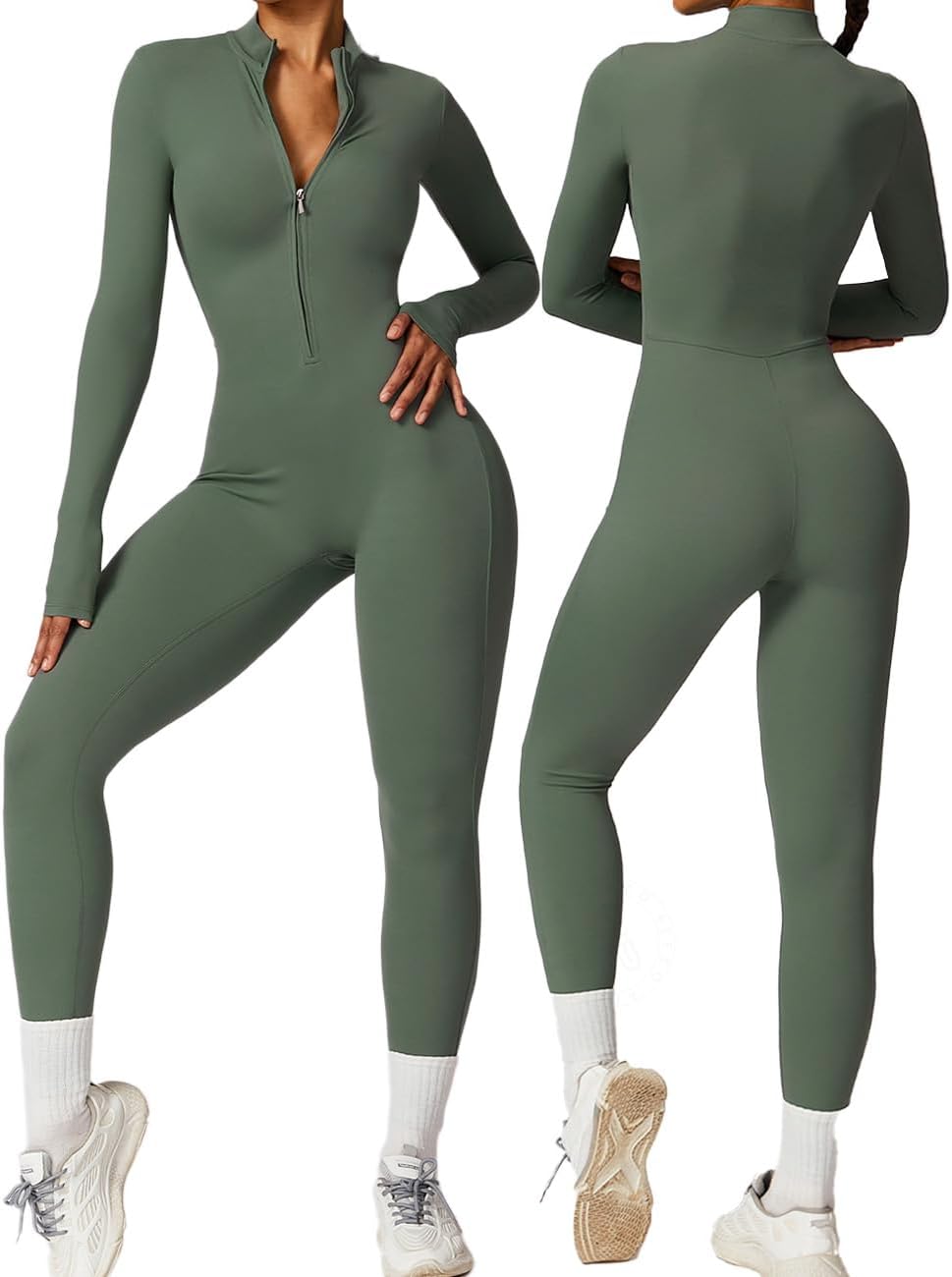 AEEZO Womens Long Sleeve Workout Jumpsuit Zip Up Yoga Rompers Sexy Tummy Control One Piece Bodycon Bottom Pants