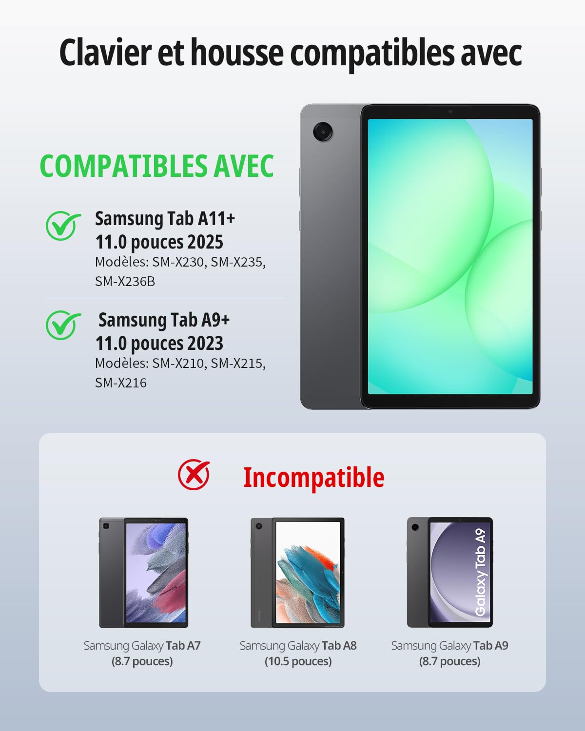 CACOE Étui Clavier Compatible avec Samsung Galaxy Tab A11 Plus / А9 Plus 2025/2023 11 Pouces avec Pavé Tactile, Éclairage 7 Couleurs Clavier AZERTY sans Fil Amovible, Noir