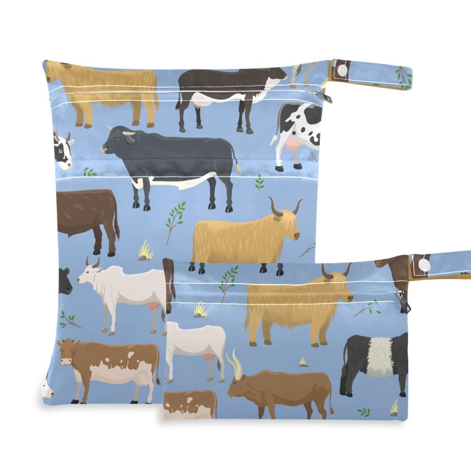 susiyo 2 Pcs Wet Dry Bag Cute Cow Waterproof Reusable Baby Cloth Diaper Wet Bags with 2 Zipper Pockets for Breast Pump Parts Travel Beach Pool Gym Yoga Swimsuits Wet Clothes