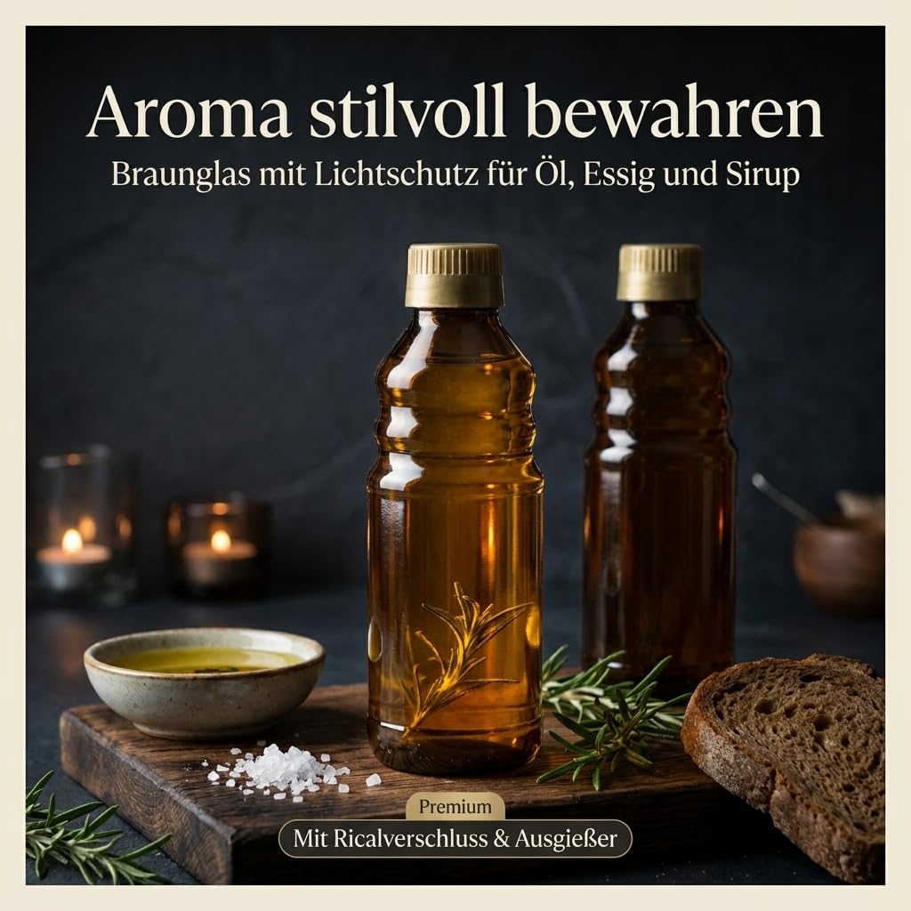 gouveo Set 24 bottiglie Rical in vetro da 250 ml con protezione antimanomissione e versatore - bottiglia vuota in vetro marrone per oli da cucina di alta qualità (RFR250G)