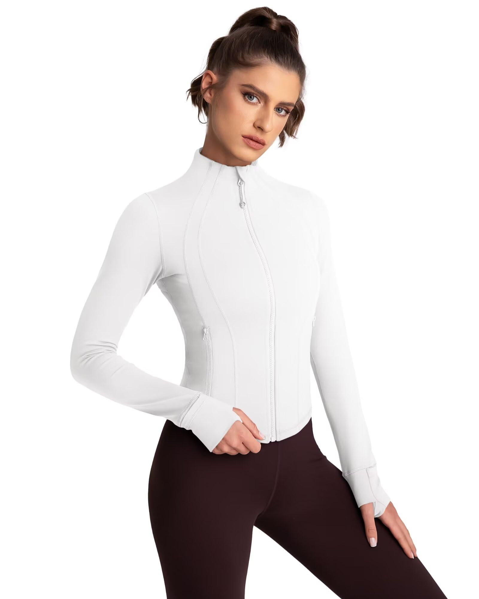 Running Jacket Women Full Zip up Long Sleeve BBL Workout Tops Jacket Womens Waisted Length with Pockets for Yoga Athletic