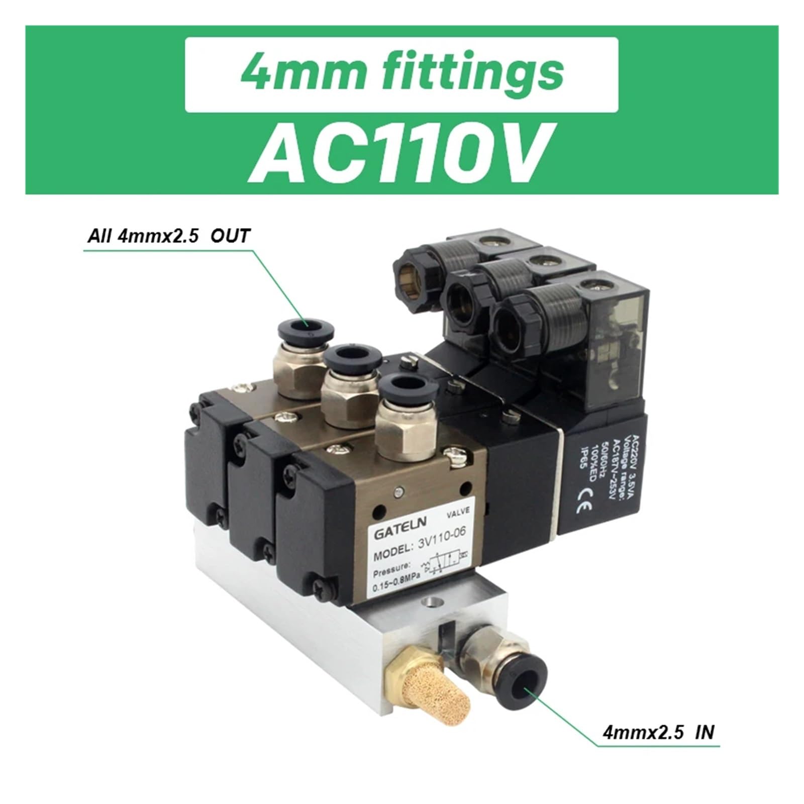 Bloque de estación de electroválvula 3V110-06-NO, Normalmente Abierto, con silenciador, Accesorios, colector Base, 12 V CC, 24 V CC, 110 V CA, 220 V CA, 3 Puertos(Ac110v 4mm Fittings)