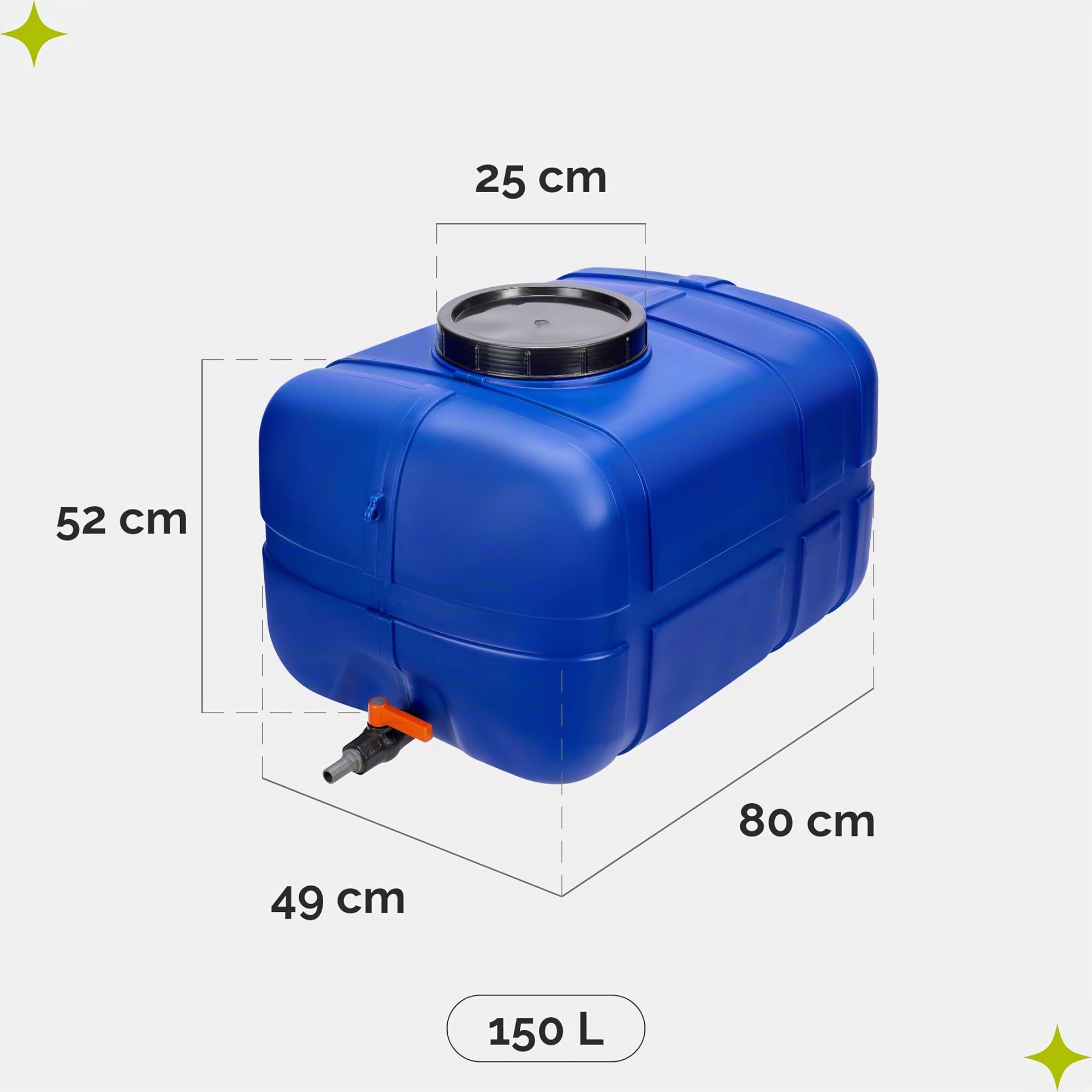 Garronda Depósito de Agua 150 litros con Tapa y Grifo – Tanque de Agua Potable de Plástico para Almacenamiento Doméstico, Industrial y como Bidon Agua para Camper GD-0098
