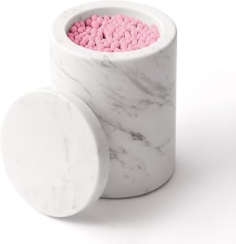 Marble Canister with Lid Natural Qtip Holder for Cotton Swabs, Balls, Pads, Floss Picks, Bath Salts - Vanity Makeup Storage Organizer Bathroom Essentials Accessories Decor White DL011