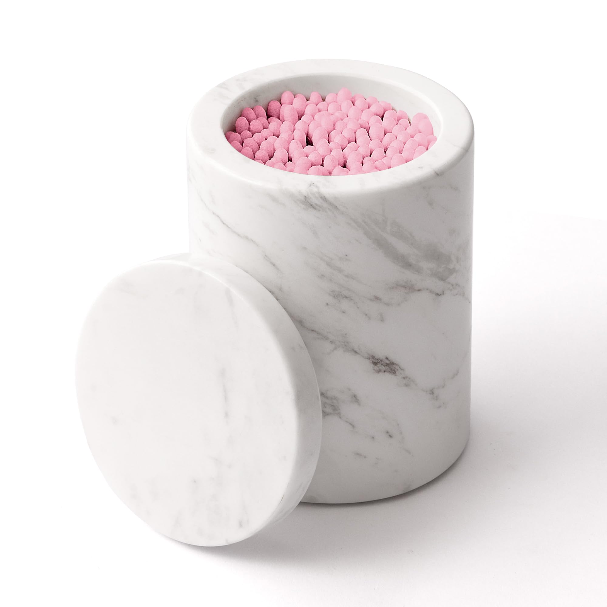 WORHE Marble Canister with Lid Natural Qtip Holder for Cotton Swabs, Balls, Pads, Floss Picks, Bath Salts - Vanity Makeup Storage Organizer Bathroom Essentials Accessories Decor White (DL011)