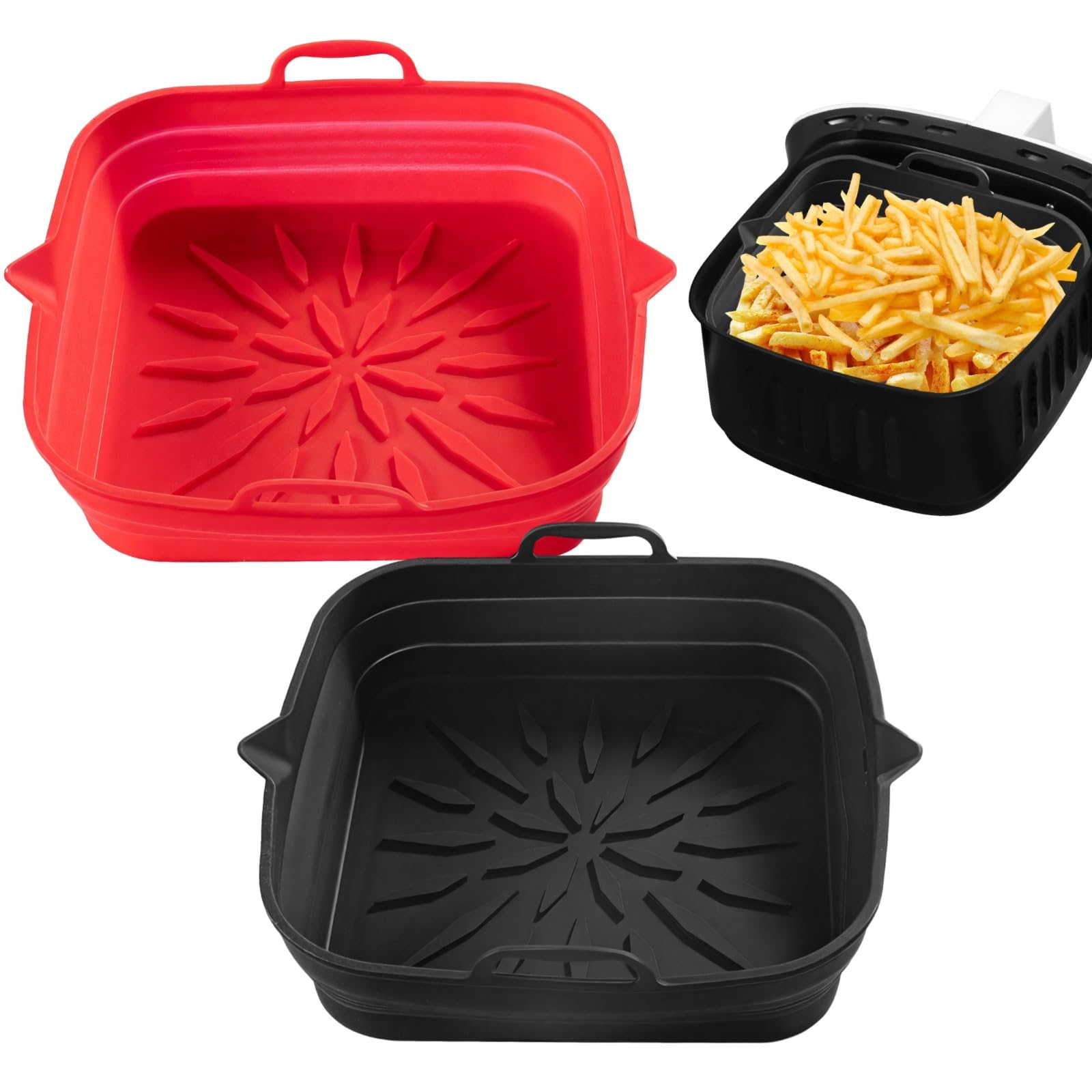 Fodere per friggitrice ad aria in silicone, confezione da 2 vassoi quadrati antiaderenti, resistenti al calore, in silicone alimentare per friggitrici e forni