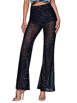 パンツ pellicule glitter film sheer pants Floerns Women's Glitter Sheer Mesh Flare Leg Bathing Suit