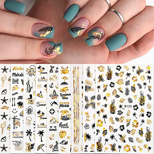 9 Sheet Summer Ocean Nail Art Sticker Gold Flowers Acrylic Nail Art Supplies Bronzing Leaves Nail Design Charms Nail Decals 3D Starfish Shell Nail Sticker For Women Girls Diy Manicure Decorations #TOP28
