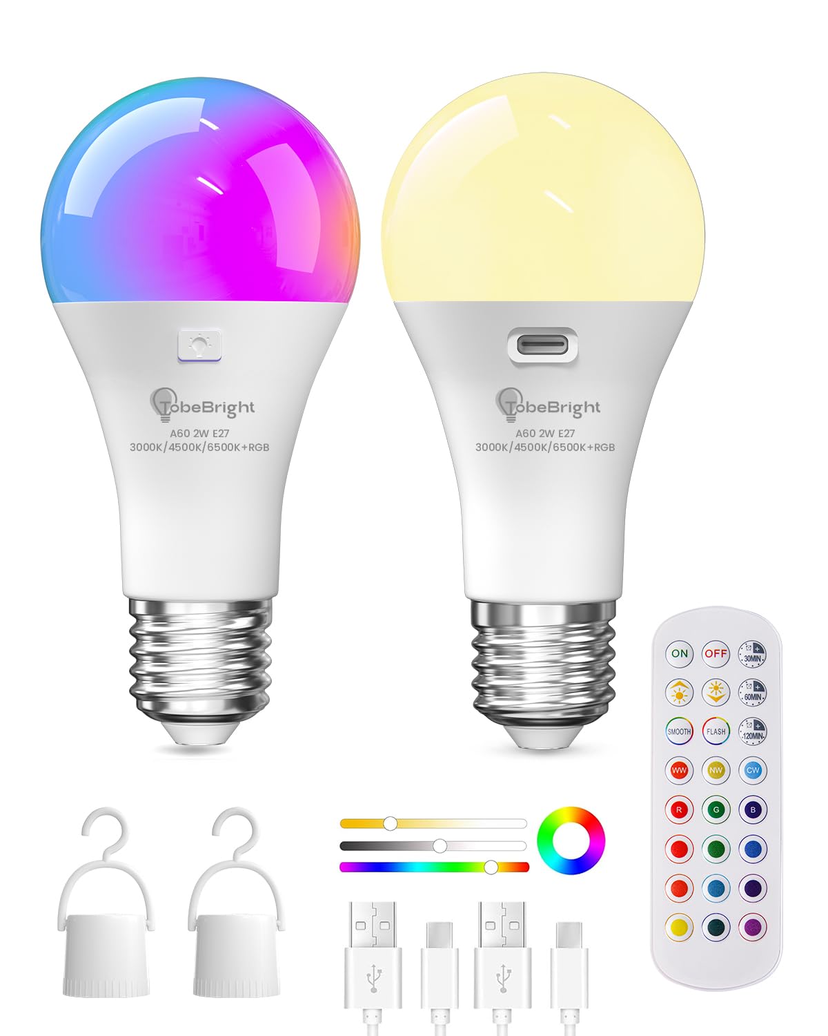 TobeBright E27 Rechargeable Light Bulb with Remote Control,Battery Light Bulb,RGB Color Changing & 3 Color Temperature,Dimmable Bulb with Timer Function for Wireless Table Lamps, Bedside Lamp,2 Pack