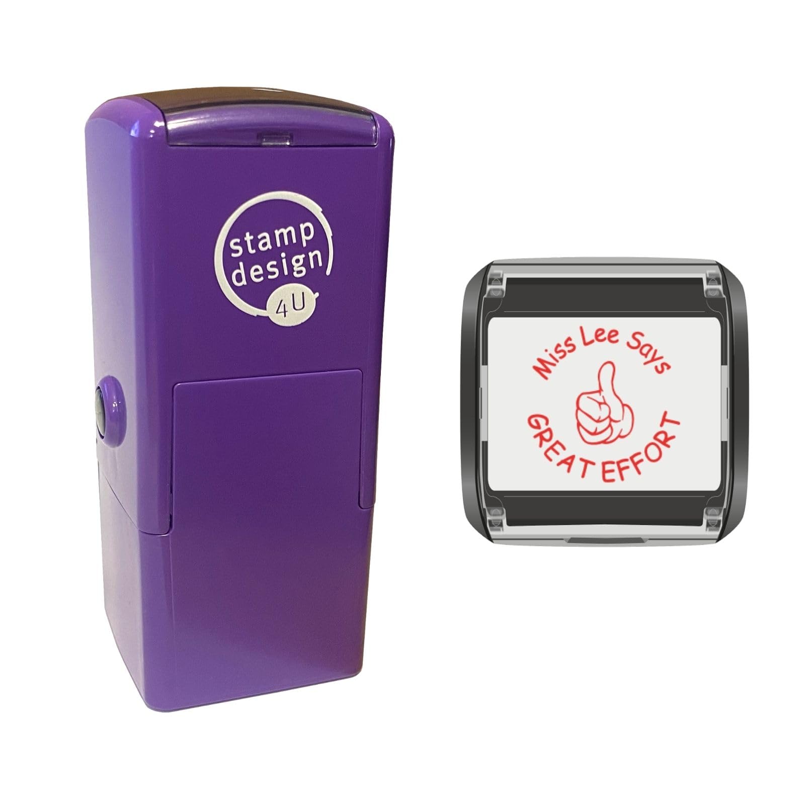 Thumbs Up Design in Red with 2 Lines of Custom Text - School Teacher Personalised Reward, Education and Motivational Stamps