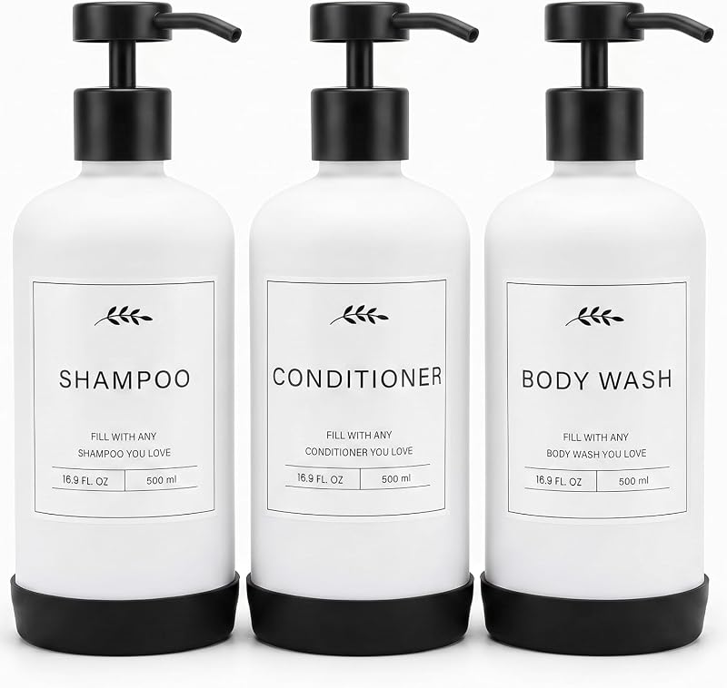 Prus Waso Conjunto com 3 Frascos Recarregáveis para Shampoo e Condicionador, Branco e Preto