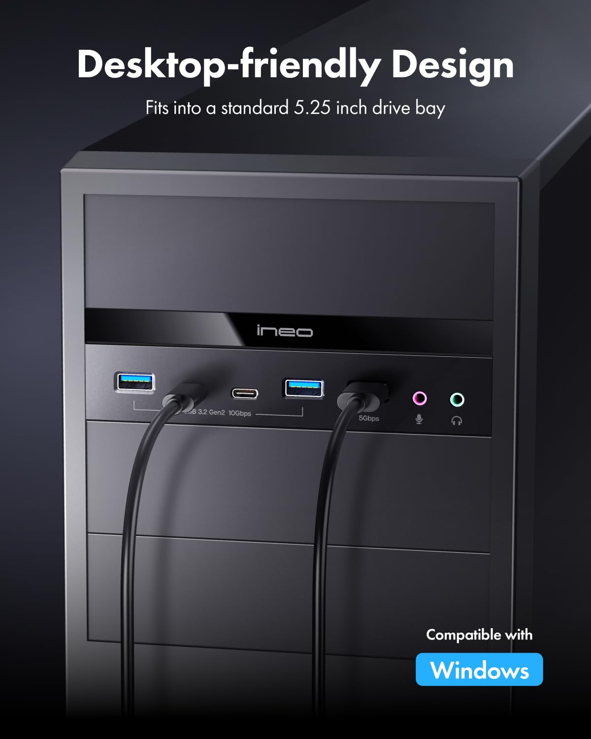 ineo Hub USB 3.2 Gen2 sul pannello frontale da 5,25" (2x10G USBC, 2x10G USBA, 1x USB3.0 TypeA e jack audio per microfono) [3570]