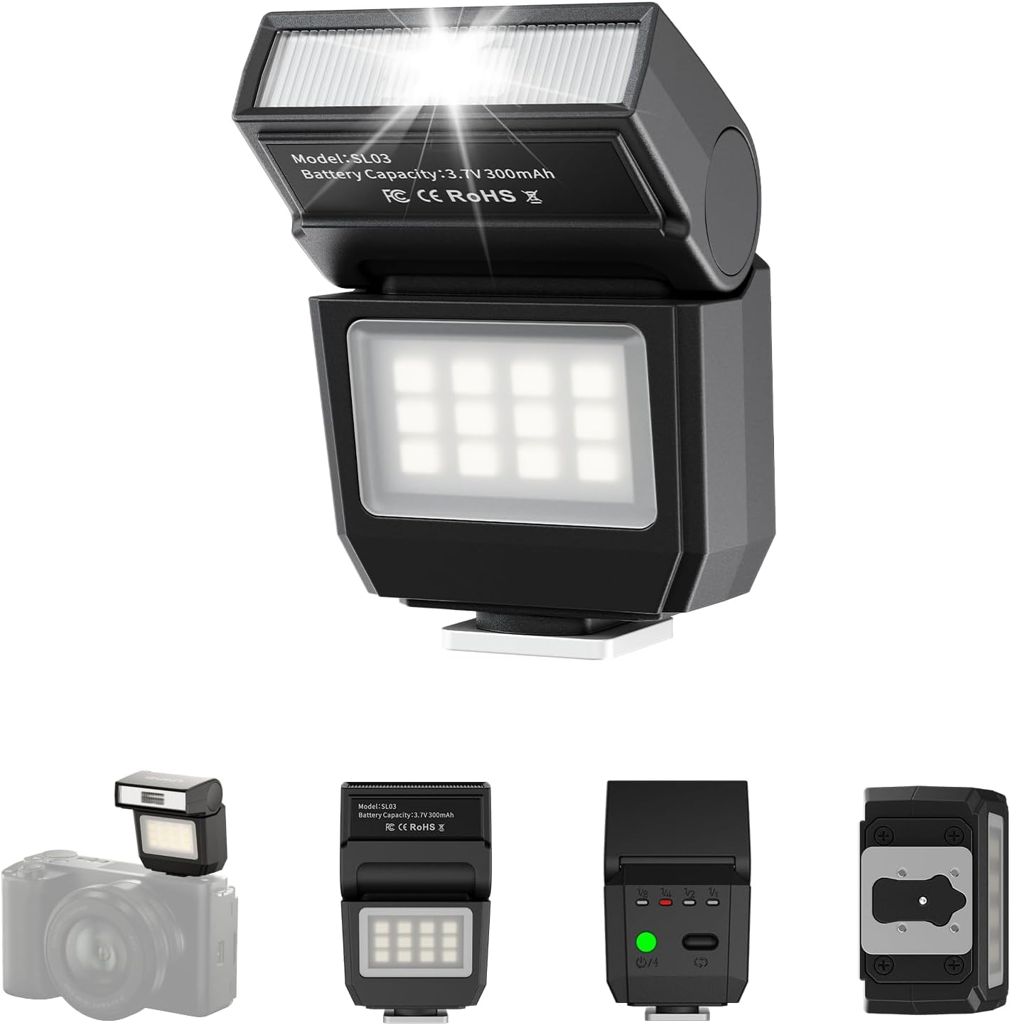 ULANZI SL03 Le flash de la série Firefly est noir, compact, adapté aux micro-appareils photo individuels et compacts, prend en charge le réglage du niveau du flash, GN8, réglable en quatre vitesses