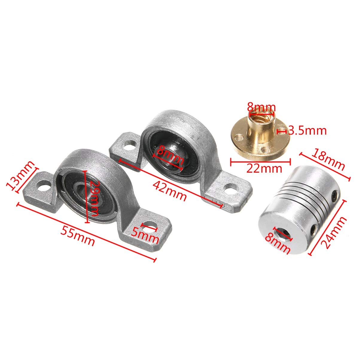 Kit de husillo y tuerca de latón, Varilla de husillo trapezoidal T8, tuerca de husillo de 500 mm, juego de montaje de cojinete de eje de acoplamiento, for piezas de impresora 3D
