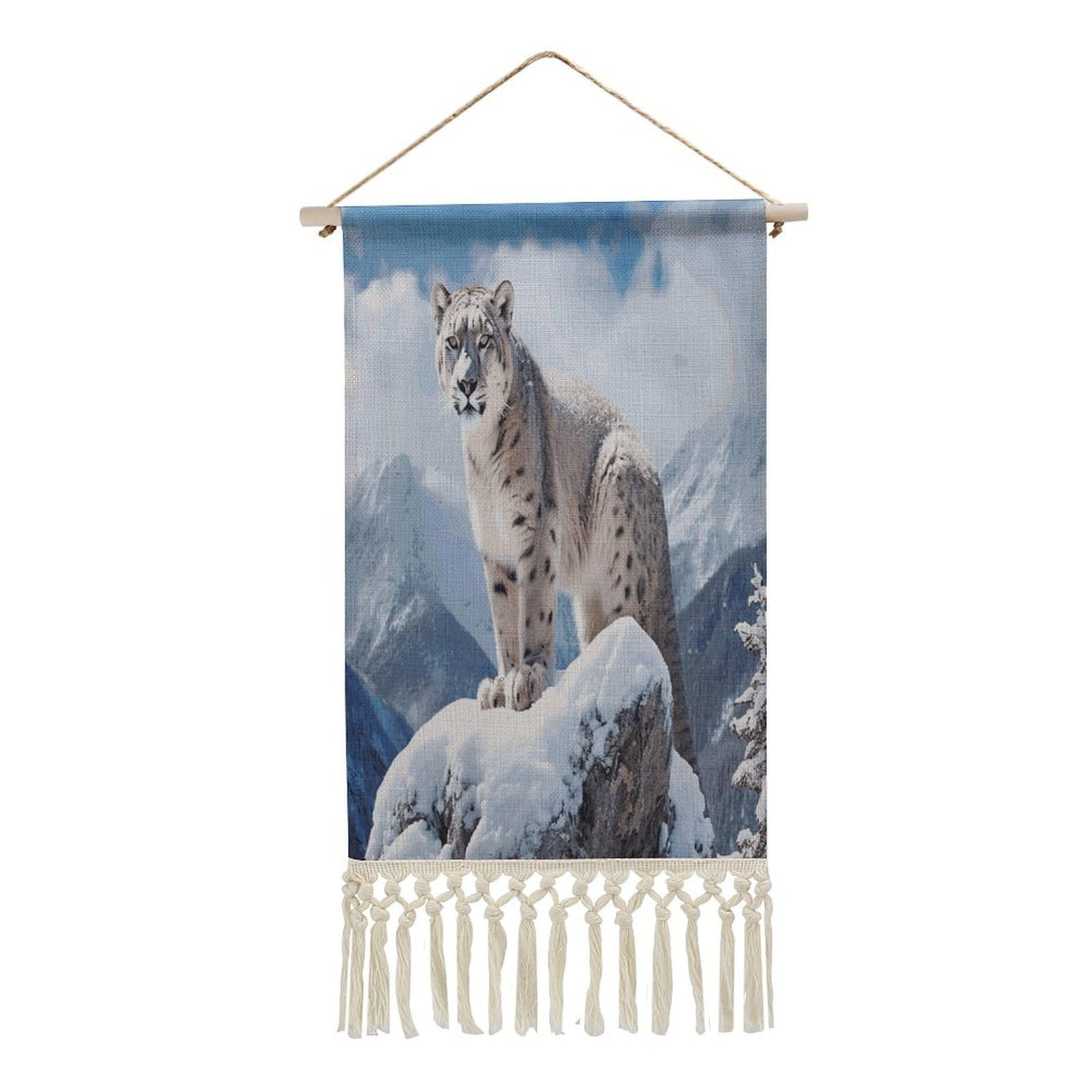 FekiLoot Snow Leopard Mountain Wall Art Print Decor Art Tapestry with Tassel Cotton Linen Hanging Poster Vintage Aesthetic Wall Art Poster Rustic Wall Art Decor for Home Bedroom Living Room Office