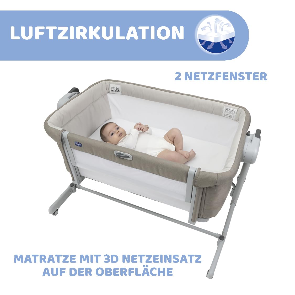 Chicco Next2Me Magic Evo Beistellbett für Babys mit Schaukelmodus, Kippfunktion, verstellbarer Höhe, 4 Rädern, inkl. Matratze und Reisetasche, Beige