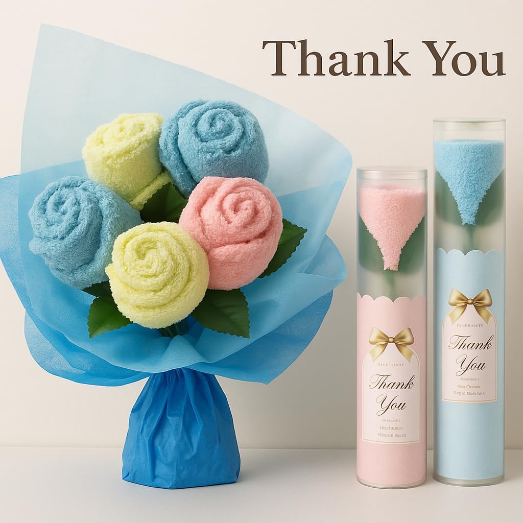 ローズブルーム タオルギフト, 花束風ラッピング, 20&times;20cm, ピンク・ブルー・イエロー3色, プレゼント用透明ケース付き (