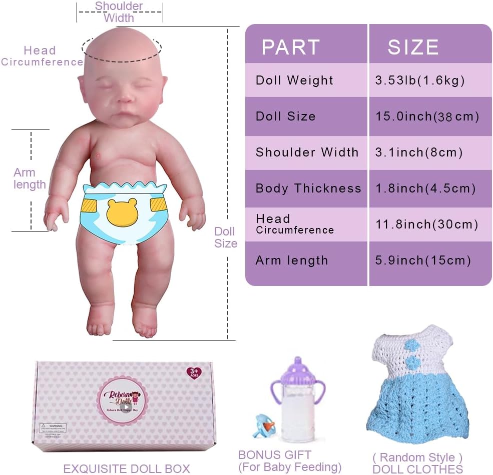 15 inch Realistic Full Silicone Baby Doll,Lifelike Reborn Baby Dolls, Toy, and Collectible.Bald Girl 035