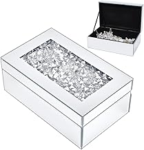 FINGERINSPIRE Glass Mirrored Jewelry Box Organizer 8.27x5.12x3.35inch Crushed Diamond Mirrored Jewelry Storage Case Rectangle Silver Diamond Organizer Box for Women Jewelry Ring Storage