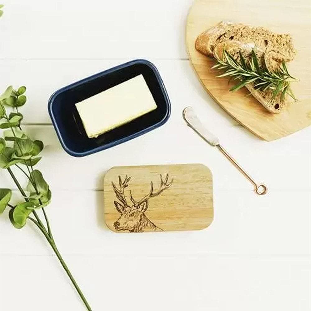 The Just Slate Company Stag Oak & Ceramic Butter Dish Blue JS/SO/BD/B/SM - Image 2