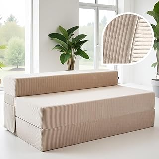 Cord Sofa – Schlafsofa 140 cm breit, faltbare Schlafcouch & Gästematratze für 2, klappbares Sofa Bett – Extra dick 19cm & bequem H3 – Perfekt für Gäste & Alltag – Test SEHR GUT Oeko-TEX Klappmatratze