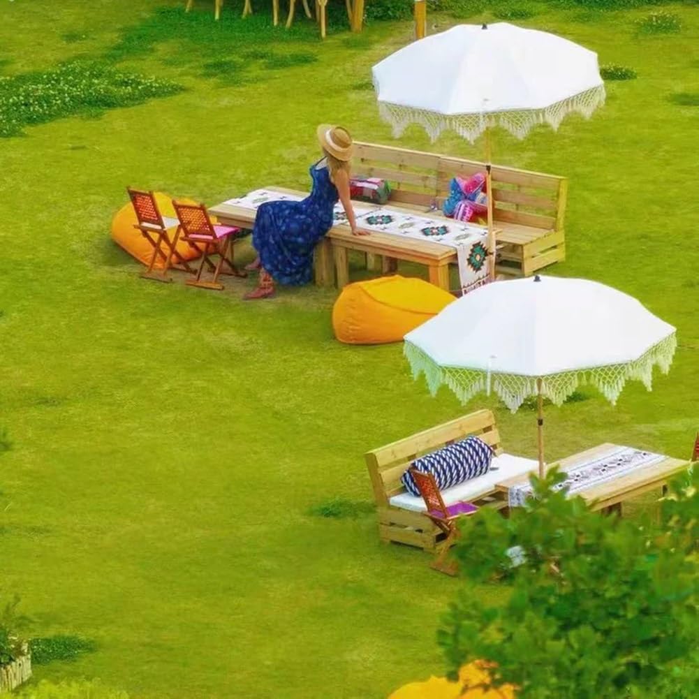 200 cm Parasol Przeciwsłoneczny z Frędzlami, Przenośny Parasol Ogrodowy z Regulacją Nachylenia, Ochrona UPF50+ do Ogrodu, Piknik, Przy Basenie