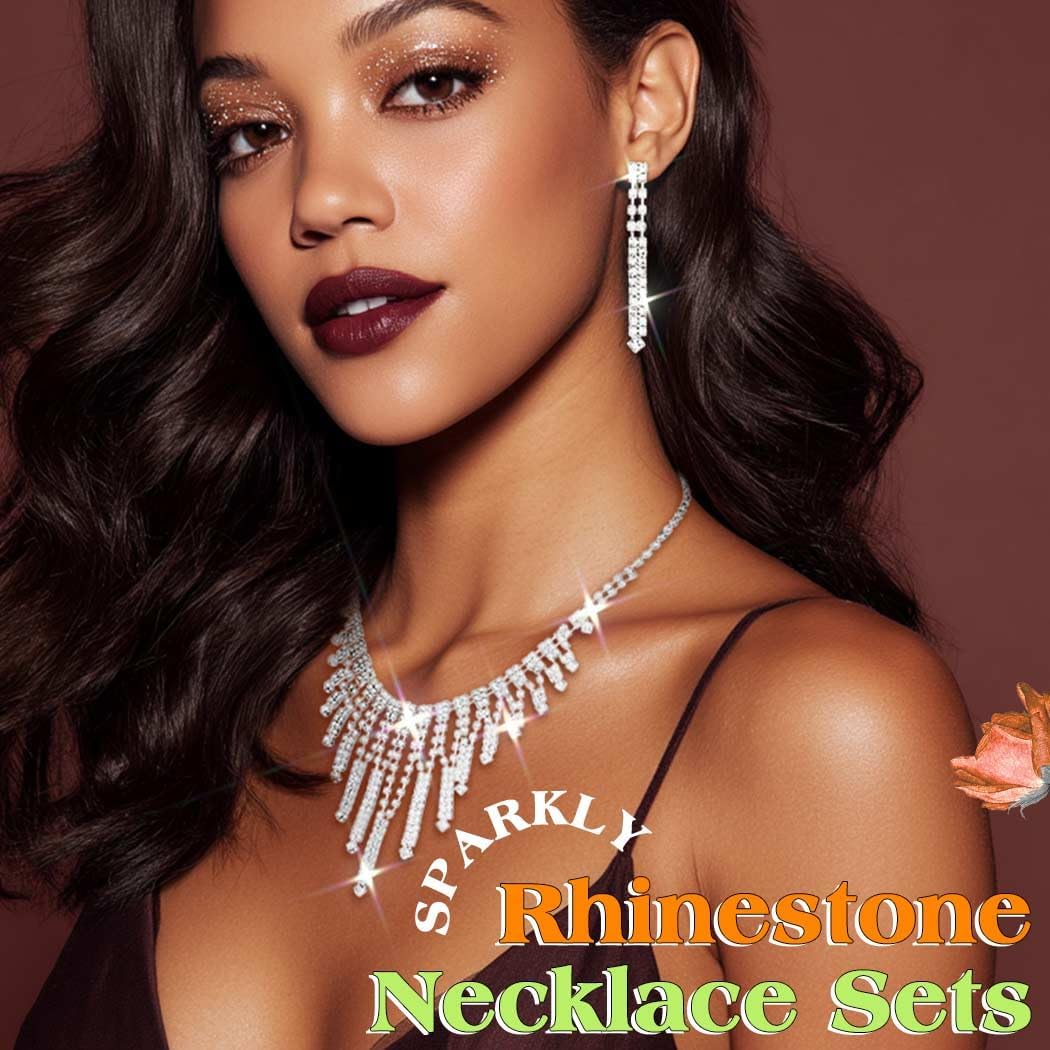 TWINKLEDE Silver Rhinestone Necklace Jewelry Set Wedding Prom Necklaces and Earrings for Women - Image 3