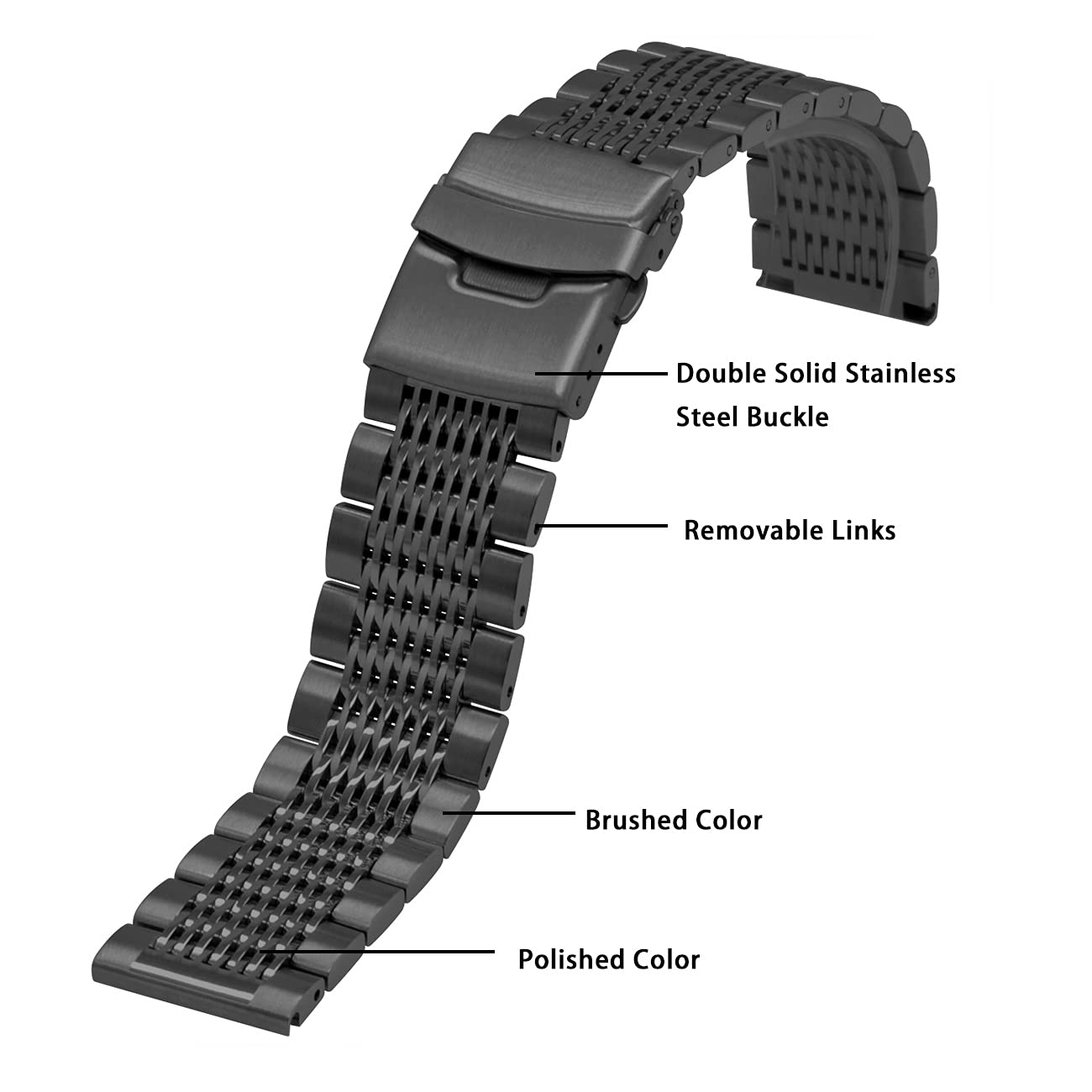 Kai Tian Premium-Uhrenarmband, 18 mm, 20 mm, 22 mm, 24 mm, gebürstet, poliert, Edelstahl, Metallgeflecht, Doppelschlösser, Taucherverschluss, Armband für Herren und Damen, Silber, Schwarz, Gold
