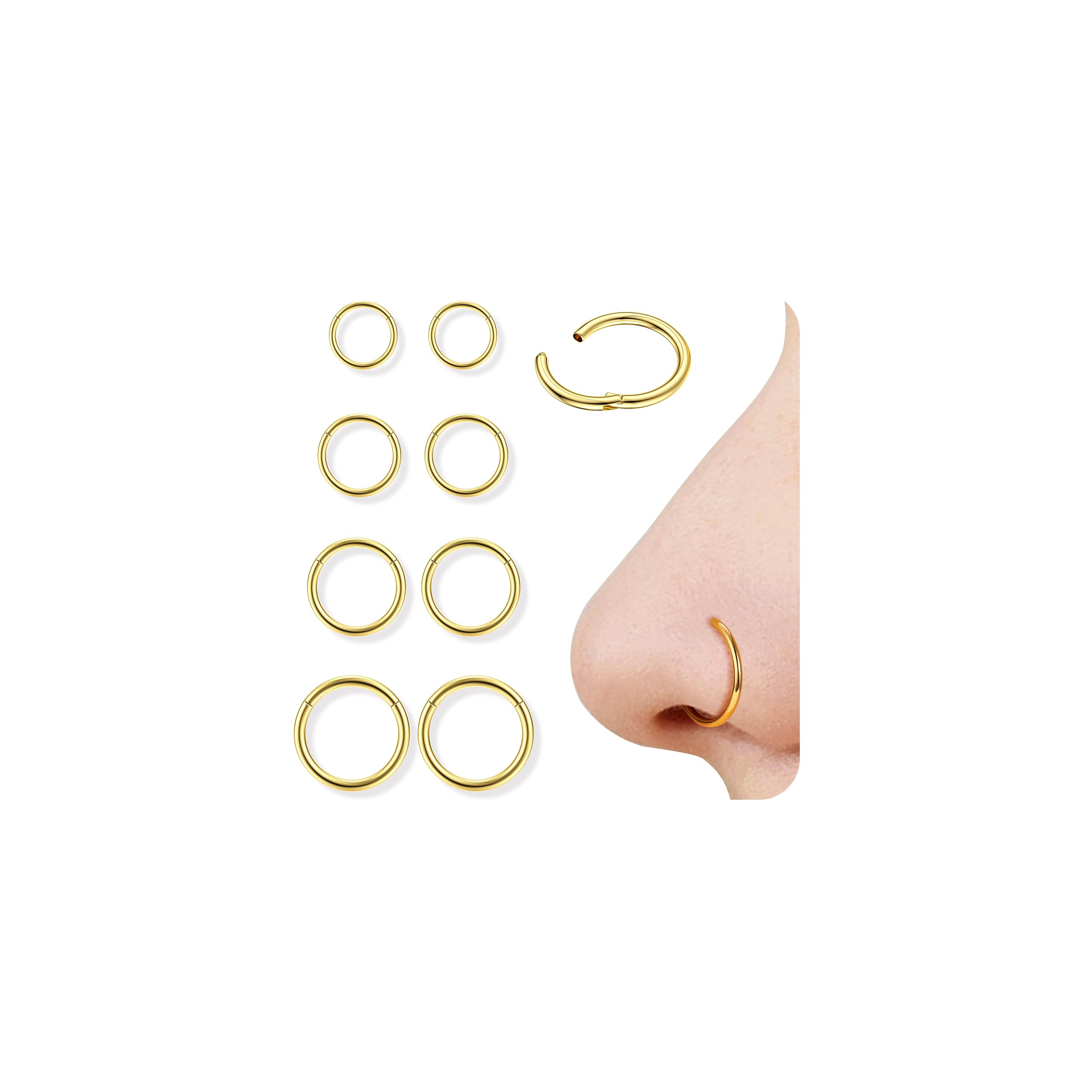 Diamday 8pcs Nariz Anillos Aro Pendientes 16G/18G Clicker Piercing Nariz 316L Acero Quirúrgico Septum Anillo Piercing Oreja Labio Anillo Tragus Hélice Daith Cartílago Rook Pendientes 6mm/8mm/10mm/12mm