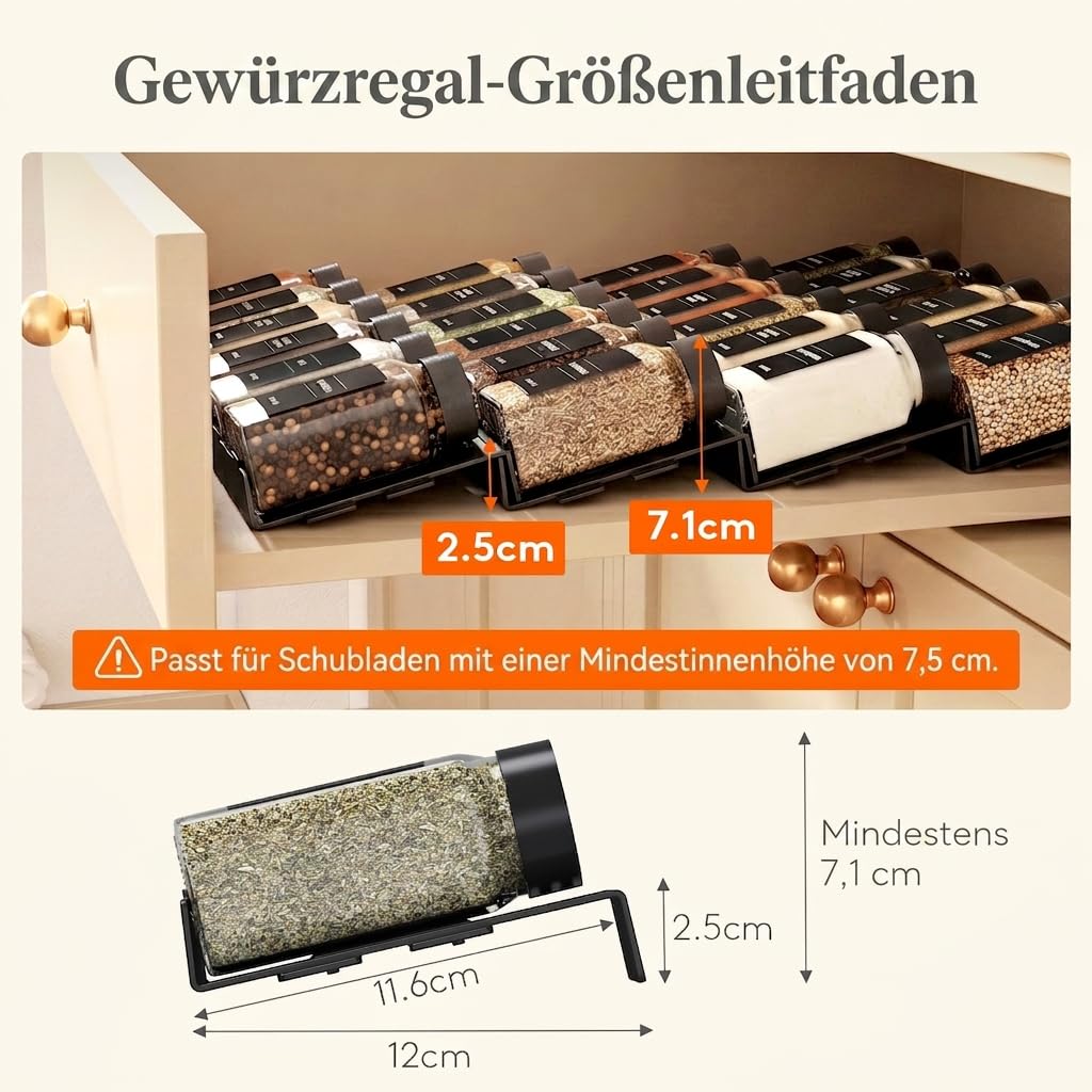 Lifewit Gewürzregal Schublade mit 24 Gewürzgläser und 250 Gewürzetiketten | Verstellbarer Gewürz Organizer mit Kleber und Antirutschpads, Gewürzhalter für Schubladen mit mindestens 7,5cm Ihnnenhöhe