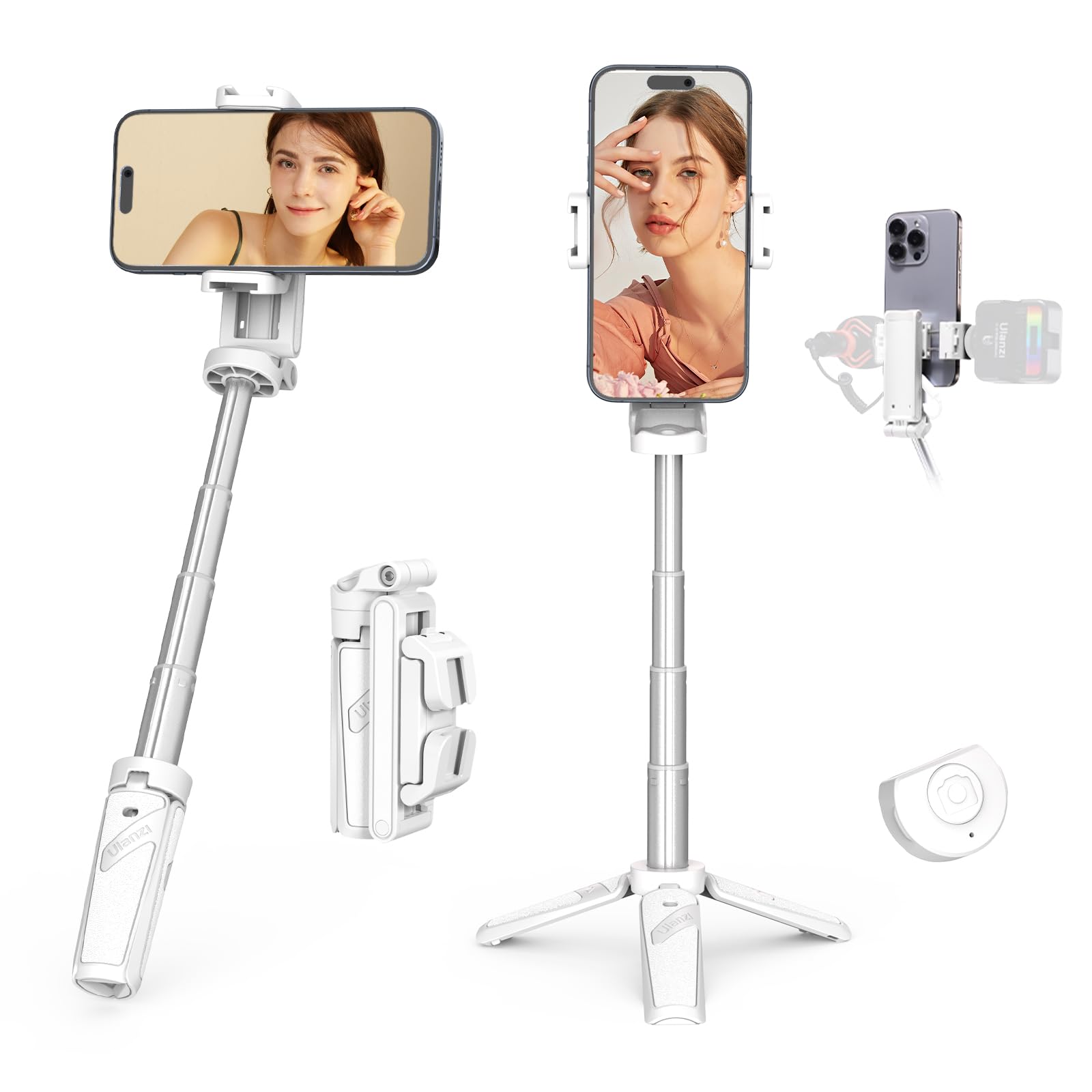Phone Selfie Tripod Small with Romote - ULANZI JJ02 3 in 1 Cell Phone Tripod Stick 4 Sections Extenable Foldable Pocket Size 2 Cold Shoe Mount 360° Rotation 10m Remote Control for iPhone Smartphone-image-15