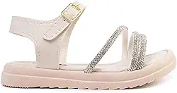 Sandália Infantil Papete com Tiras de Strass, Rosa e Dourado, Sola Leve Macio, Confortável