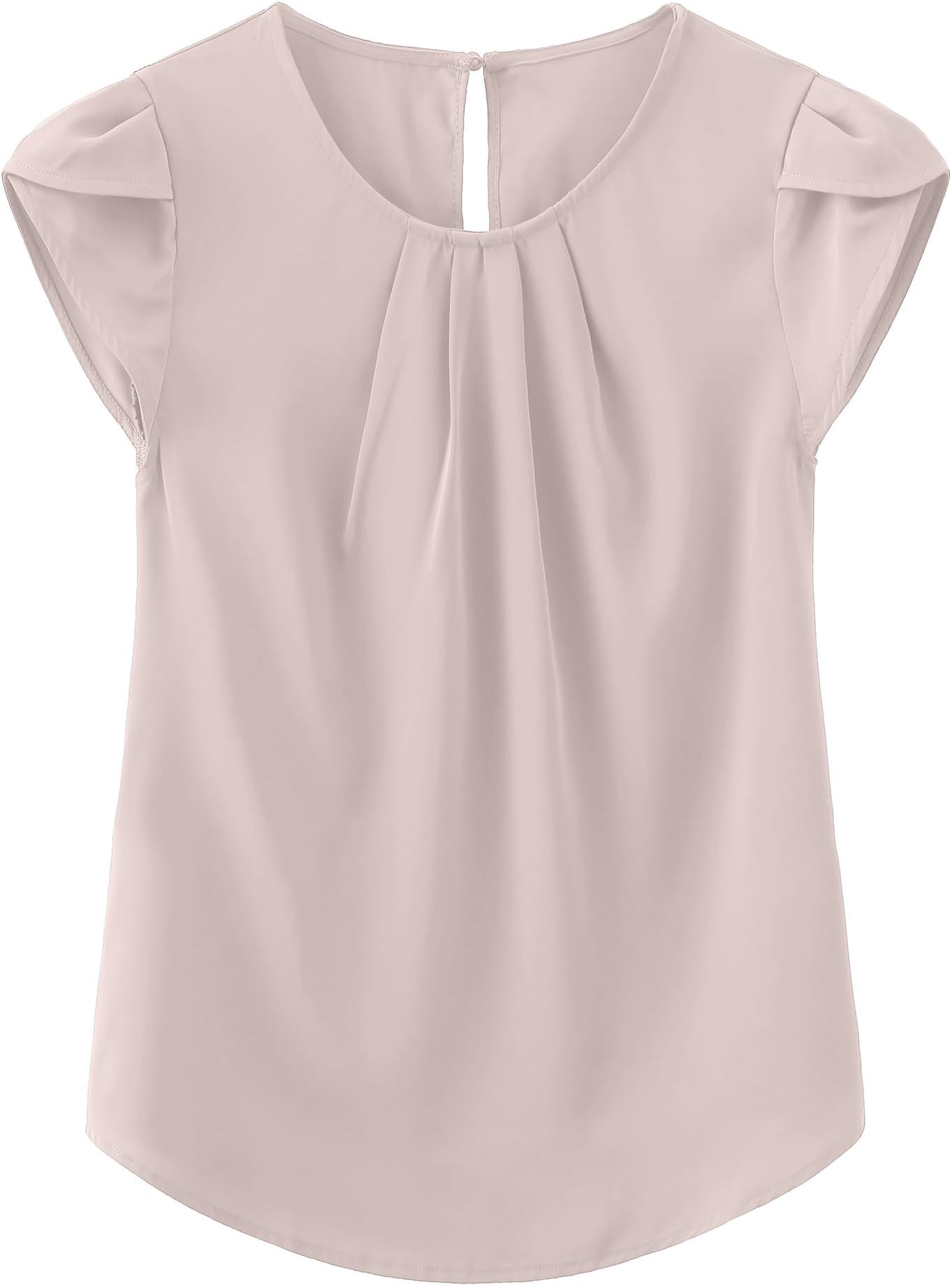 Women's Casual Round Neck Basic Pleated Top Cap Sleeve Curved Keyhole Back Chiffon Blouse