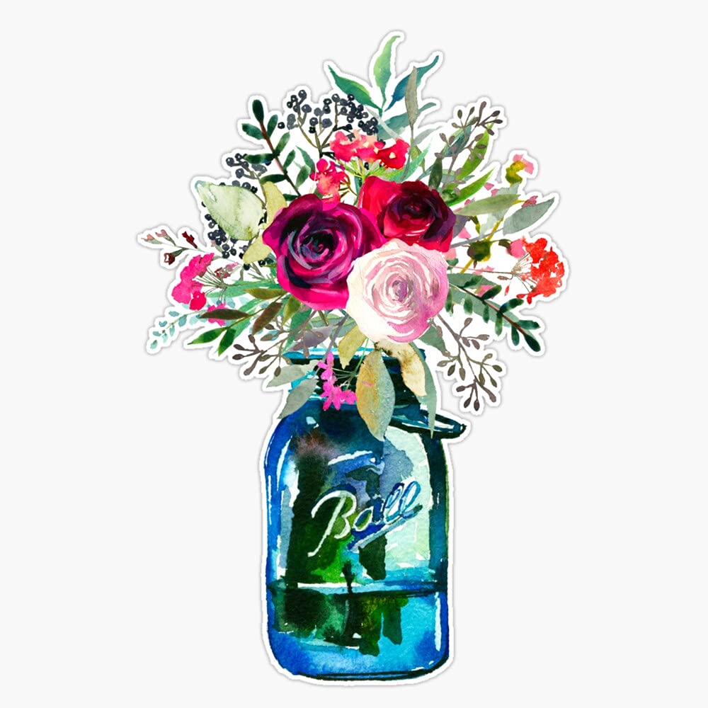 Watercolor Mason Jar Flowers Vinyl Sticker Waterproof Bumper Sticker Laptop Window Decal 5"
